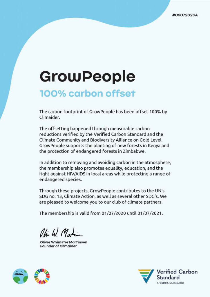 GrowPeople Certifikat Climaider in english